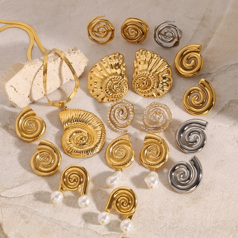 Nautilus Schelp Oorbellen Ketting Ring Roestvrij Staal Verguld Kunstparel Zirkoon Mariene Stijl Sieraden Voor Dames