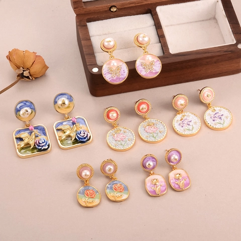 Pendientes Largos Vintage Franceses de Esmalte Floral Con Perla Artificial Poste de Plata de Ley 925 Joyería Artística