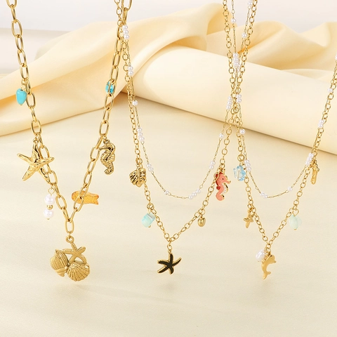 Collana Pendente Stella Marina Cavalluccio Marino Acciaio Inossidabile Perla Artificial Imitazione Turchese Gioielli Da Spiaggia
