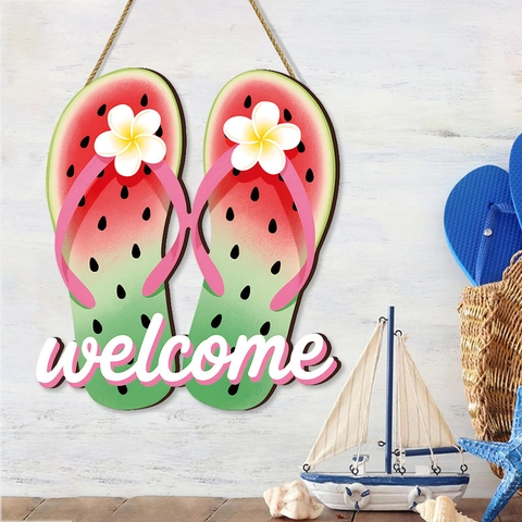 Summer Hanging Wooden Sign Welcome Plaque Beach Flip Flops Popsicle Lemon Mediterranean Style Home Door Wall Decor