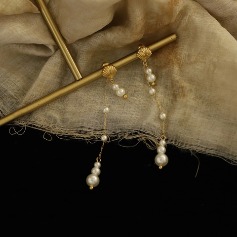Vintage Lange Kwastjes Kunstparel Schelp Oorknopjes Nieuwe Chinese Stijl Titaniumstaal Goud Oceaan Oorbellen Voor Dames