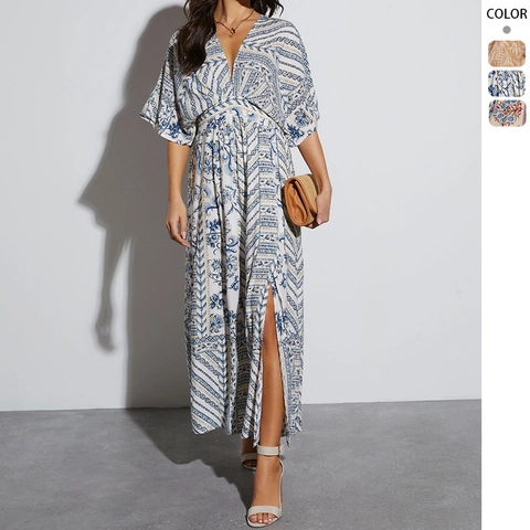 Bohemian Maxi Dress V Neck Printed Side Slit Polyester Vacation Tropical Palm Leaf A-Line Short Sleeve For Women
