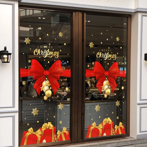 Christmas Window Stickers Static Cling PVC Reusable Festive Snowflake Bow Gift Box Storefront Holiday Glass Decoration