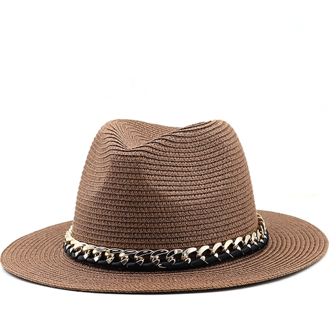 Fedora Straw Hat With Bull Head Metal Decor Leather Band Acrylic Chain Wide Brim Sun Protection Summer Outdoor Beach Jazz Hat