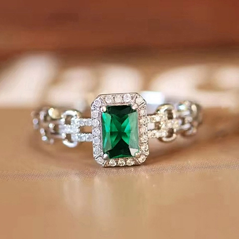 Anello Elegante Con Gemma Verde Taglio Smeraldo Per Donna Rame Zirconia Cubica Geometrico Cinturino A Catena Cava Stile Lusso