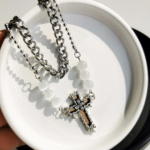 Layered Kreuz Anhänger Halskette Titanstahl Panzerkette Mit Opal Perlen Strukturiertes Flüssiges Design Hip Hop