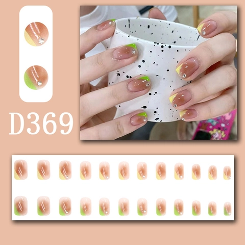 Unghie Finte Press On Sfumate Marroni Gialle Verdi French Tips Strass Unghie Artificiali Stile Dolce Per Donne
