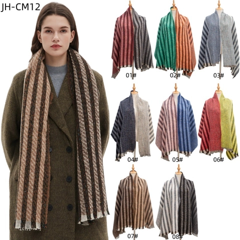 Écharpe d'Hiver Rayée pour Femmes Chaude Douce Polyester Pashmina Châle Avec Glands Rayé Décontracté Chauffe-Cou Accessoires de Mode
