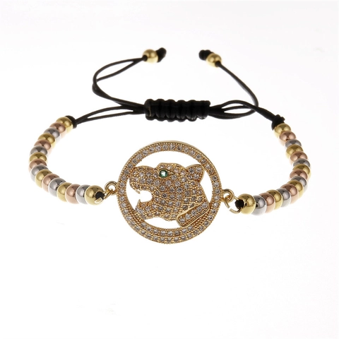 Leopard Head Bracelet Copper Micro Pave Cubic Zirconia Adjustable Rope Beaded Milan String Animal Jewelry For Women