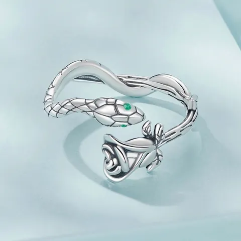 Anello Aperto Rosa E Serpente Argento Sterling 925 Regolabile Vintage Gotico Occhi Zircone Verde Gioielli