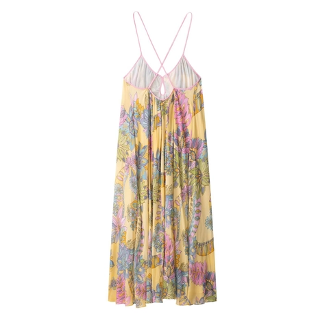 Women Sexy Maxi Dress Polyester Floral Print Spaghetti Strap Backless Cross Back Summer Beach Vacation Boho Style