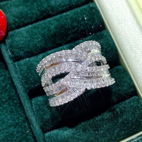 Luxury Wide Band Cross Ring For Women Copper With Micro Inlaid Zirconia Baguette Round Cut Jewelry For Prom Party