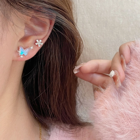 Iridescent Butterfly Moon Star Stud Earrings With 925 Sterling Silver Earring Post Alloy Aesthetic Jewelry For Women