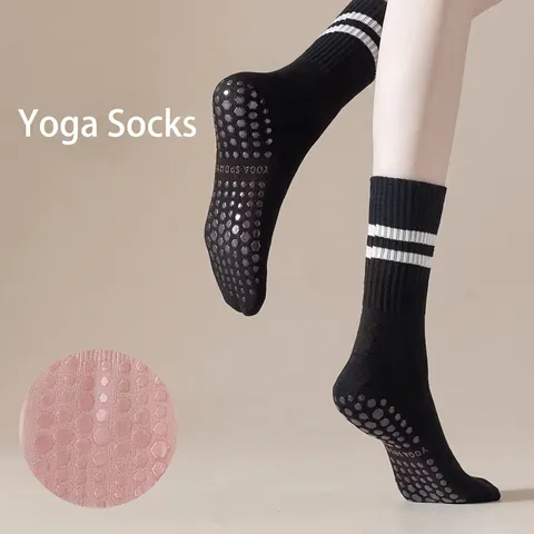 Anti-Slip Yoga Socks For Women Mid-Calf Pilates Fitness Exercise Socks With Silicone Grips Double Stripe Sporty Polyester