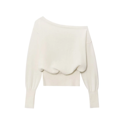 Damen Strickpullover Schulterfrei Langarm Lockerer Pullover Rippbündchen Einfarbig Elegantes Oberteil