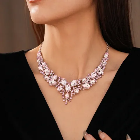 Collana Vintage Con Strass Rosa Fiori Goccia D'acqua Lega Lusso Gioielli Di Dichiarazione Per Donne Matrimonio Festa