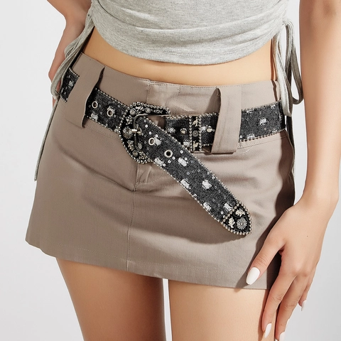 Damen Western Retro Denim PU Leder Gürtel Mit Strass Nieten Western Geschnitzte Schnalle Y2K Subkultur Dekorative Bund