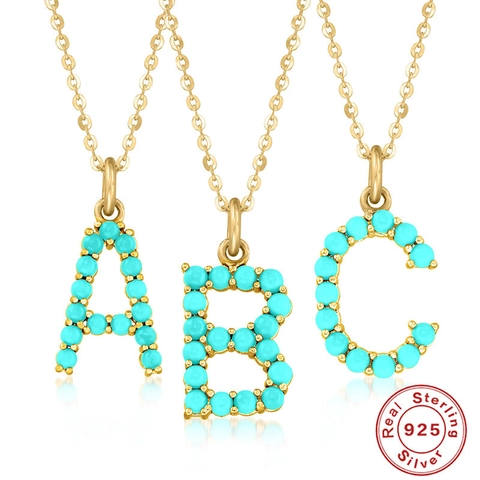 925 Sterling Silber Initialen Buchstaben Halskette Vergoldet Mit Türkis Anhänger Eleganter Alphabet Schmuck Für Damen