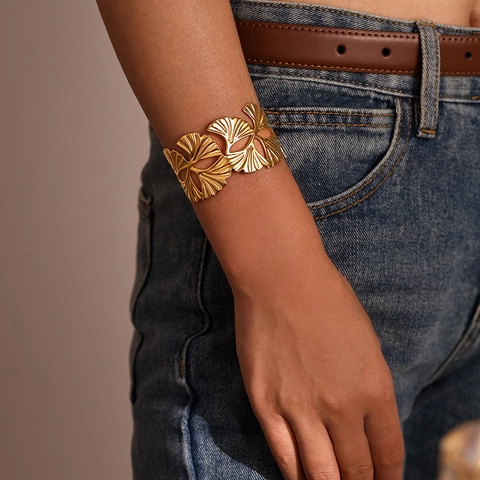 Ginkgo Leaf Bangle Stainless Steel Hollow Out Open Cuff Bracelet Fashion Exaggerated Design Jewelry For Women