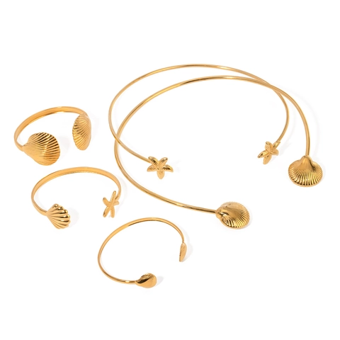 Gargantilla y Brazalete Abierto de Acero Inoxidable con Estrella de Mar y Concha Oro Impermeable Joyería de Moda para Mujer