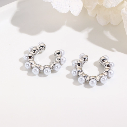 C-Shaped Copper Hoop Earrings Artificial Pearl Inlaid Electroplated Tone Ear Bone Clips Elegant Jewelry Gift For Women