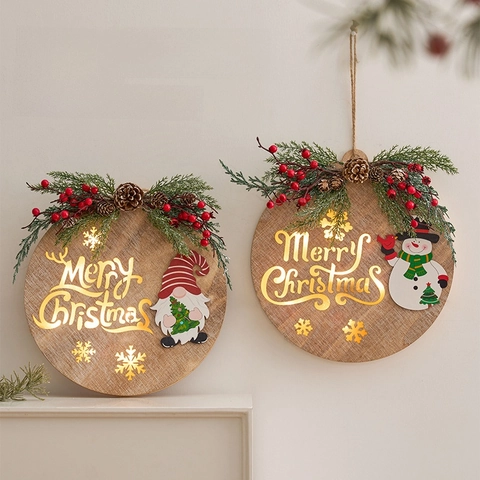 Merry Christmas Wooden Round Hanging Sign LED Light Up Door Wreath With Pine Cones Berries Gnome Snowman Decor