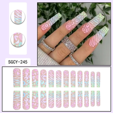 Lange Sargform Press On Nägel Macaron Verlauf Rosa Grün Tiermuster Zebra Leopard Mode Künstliche Nägel Für Frauen