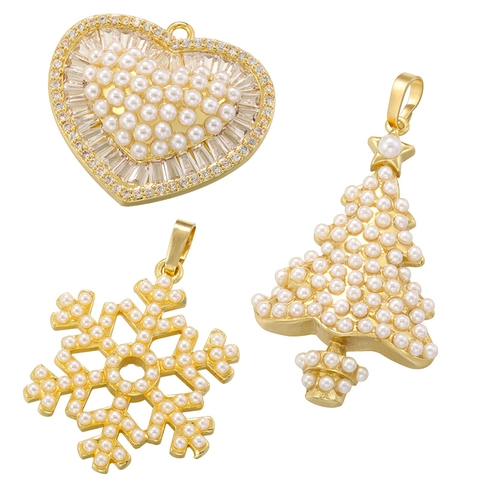 Pendentif En Cuivre Avec Imitation Künstliche Perle Et Zircon Sapin De Noël Flocon De Neige Forme De Coeur Bijou