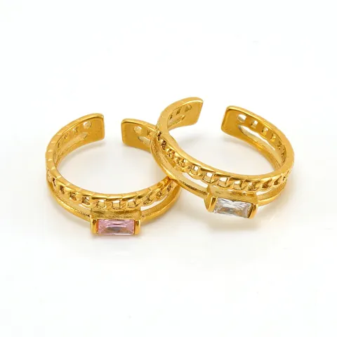18K Vergulde Roestvrijstalen Verstelbare Ring Dubbellaagse Holle Kettingtextuur Rechthoekige Zirkoon Sieraden Voor Dames
