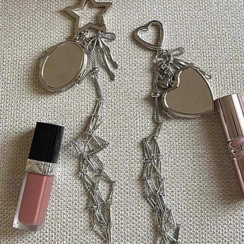 Silver Metal Mesh Lipstick Holder Keychain Bag Charm Heart Star Mirror Pendant Trendy Y2K Fashion Accessories For Women