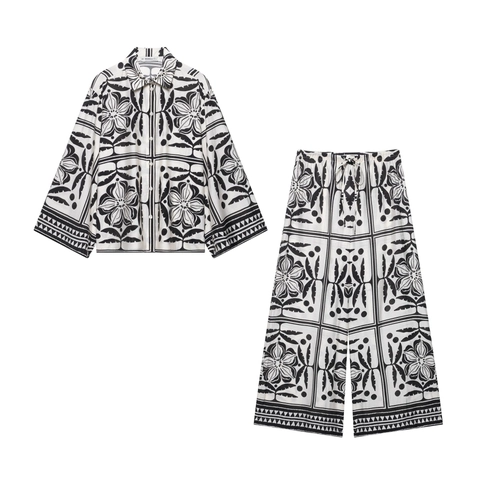 Completi Camicia Stampa Floreale Geometrica E Pantaloni Gamba Larga Poliestere Manica Lunga Campana Casual Vacanze