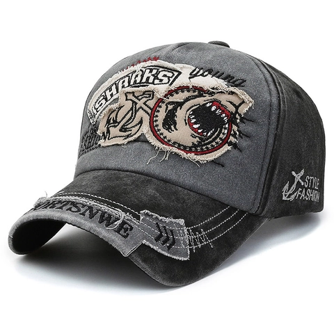 Retro Washed Cotton Baseball Cap Shark Embroidery Distressed Sun Hat Adjustable For Men Women