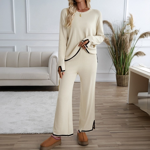 Dames Gebreide Outfit Lange Mouwen Trui En Wijde Broek Met Contrasttrim Casual Loungewear Elegante Kleding