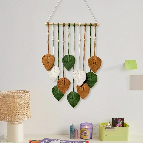 Macramé Wandbehang Handgewebt Baumwolle Blatt Tapisserie Boho Deko Mit Holzperlen Nordischer Stil Für Schlafzimmer