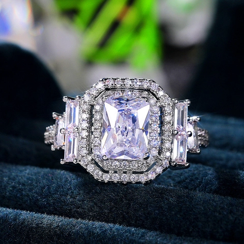 Luxury Ring Copper Zirconia Radiant Cut Emerald Shape Double Halo Baguette Side Stones Engagement Wedding For Women