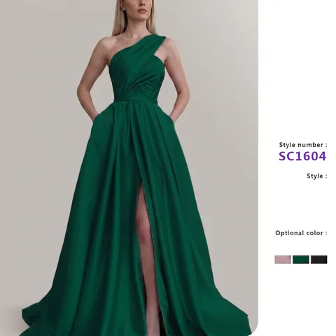 Women Sexy One Shoulder Evening Dress High Slit Ruched Satin Look Formal Party Maxi Gown Wedding Guest Apparel Dress