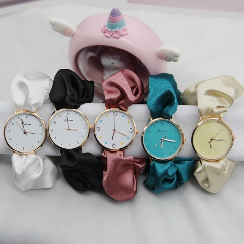Fashion Women Quartz Watch With Elegant Satin Scrunchie Strap Creative Alloy Case Analog Wristwatch For Students Girls Gift