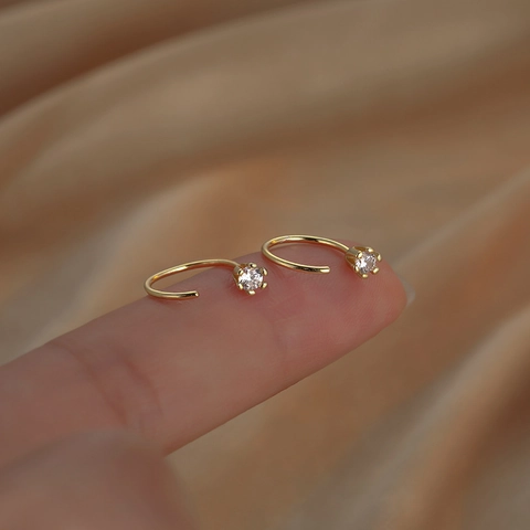 Minimalist Cubic Zirconia Hook Earrings Copper J-Shaped Daily Commuter Ear Studs For Women