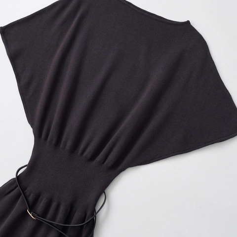 Women Knitted Midi Dress Elegant Solid Color Batwing Half Sleeve Belted Round Neck Casual Office Commute Dress