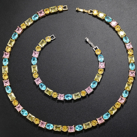 Collar Y Pulsera De Latón Bañado En Oro Con Zirconia Cúbica Multicolor Corte Cuadrado Ovalado Estilo Dulce Mujeres Elegante