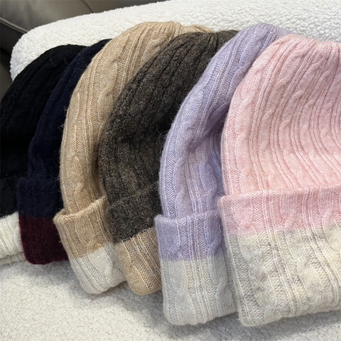 Cable Knit Beanie Hat Polyester Contrast Color Warm Winter Cuffed Sweet College Style Women