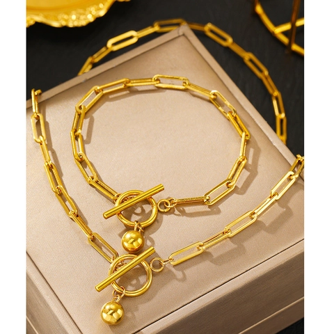 Minimalista Acciaio Inossidabile Catena a Graffetta Collana Bracciale Gioielli Con Pendente a Sfera Chiusura a T Moda per Donna