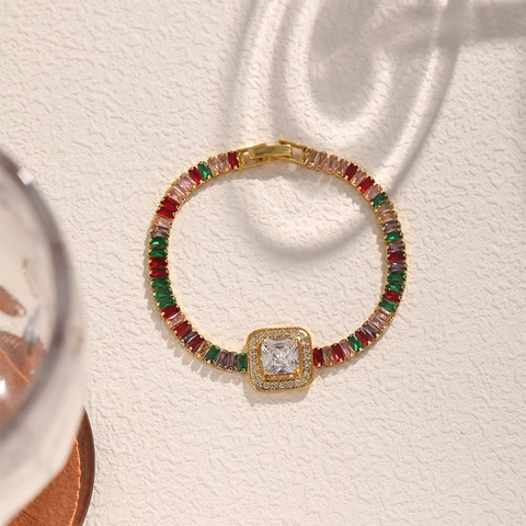 Pulsera De Cobre Bañada En Oro Multicolor Circón Cuadrado Geométrico Cadena De Tenis Joyas De Lujo Retro Regalo Para Mujer