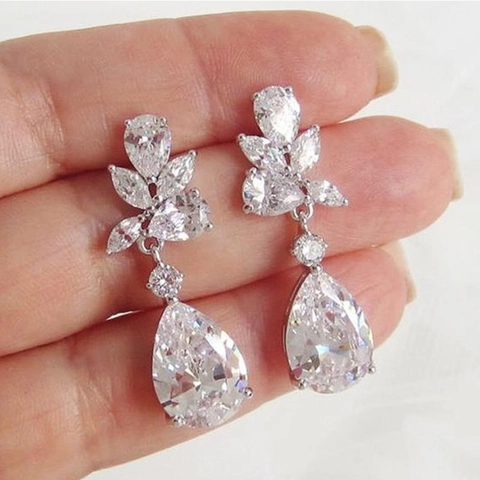 Pendientes Colgantes De Gota Cobre Circonita Corte Pera Boda Novia Banquete Elegante Moda Para Mujeres