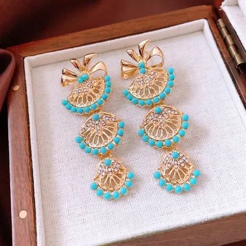 Boucles D'Oreilles Pendantes Vintage En Forme D'Éventail Avec Tige En Argent Alliage Strass Résine Nœud Bijoux Rétro