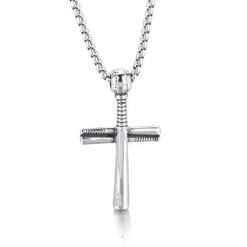 Men Baseball Bat Cross Pendant Necklace 316L Stainless Steel Sports Jewelry Hip Hop Style Retro Silver Color Accessory