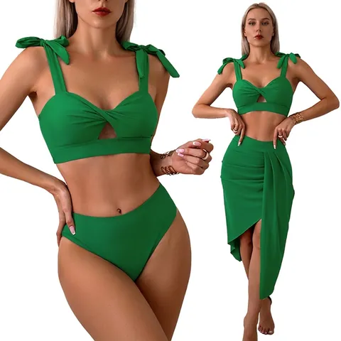 Women Nylon Bikini Top Bottom And Ruched Side Skirt Bow Tie Straps Twist Front Cutout High Waisted Solid Color Vacation