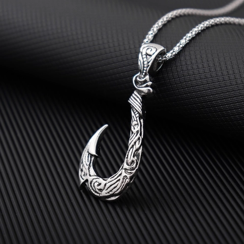 Collana Con Ciondolo A Amo Da Pesca Lega Di Zinco Vintage Motivo Totem Intagliato Tono Argento Gioielli Da Uomo