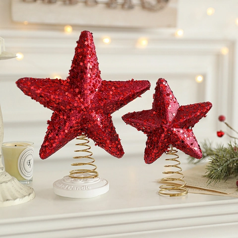 Puntale Per Albero Di Natale A Stella Con Glitter E Paillettes Pentagramma Con Base A Molla In Metallo Decorazione