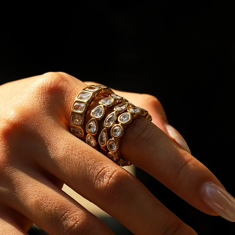 Stainless Steel Rings Gold Plated Cubic Zirconia Heart Pear Round Baguette Shapes Eternity Fashion Jewelry Women